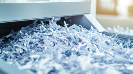 Close-up of shredded paper spilling out of a shredder, highlighting confidentiality and secure document disposal.の素材