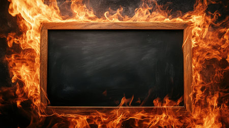 Close-up of flames framing a blackboard, creating a striking fiery contrast with space for copy in the center.の素材