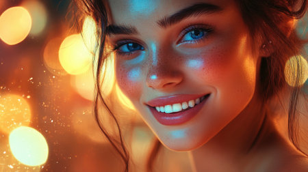 Portrait of a glowing young woman with a radiant smile, flawless skin, and sparkling eyes, showcasing beauty and confidence.の素材