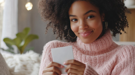 Close-up of a woman holding a card, her face lighting up with joy as she reads it, wearing a soft pink sweater.の素材