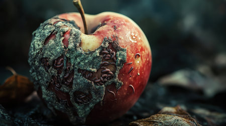 Close-up of a spoiled apple, visibly infested with worms and mold, symbolizing decay and imperfection.の素材