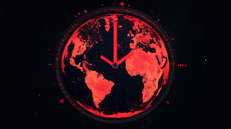 Earth-shaped clock with continents glowing red, highlighting the urgent issue of global warming and its time-sensitive nature.の素材