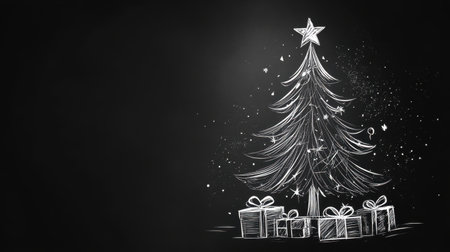 Minimalistic Christmas tree sketch with gifts at the base, drawn in white lines over a black background for festive designs.の素材