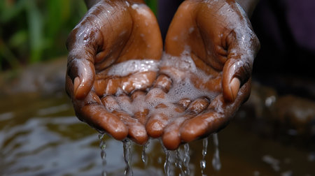 Hands being thoroughly washed under a stream of clear running tap water, emphasizing hygiene and cleanlinessの素材