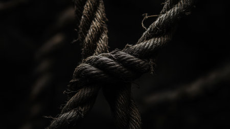 Frayed rope with fibers unraveling, detailed close-up against a black background, symbolizing tension and fragility.の素材