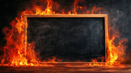 Burning fire effect surrounds a blackboard, the flames flickering dramatically against the dark surface.の素材