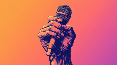 Hand confidently clutching a microphone, symbolizing public speaking or broadcasting, with a plain gradient backdrop.の素材