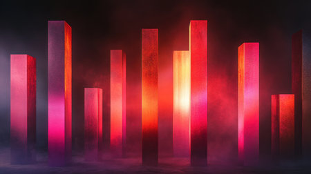 Bright neon bars in a gradient of pink and red tones stand tall against a dark, moody background.の素材