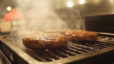 Charcoal grill with perfectly browned beef patties, smoke and flames adding an authentic barbecue vibe.の素材