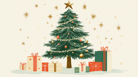 Christmas card with a stylish green tree illustration and gifts set on a light cream background, perfect for warm greetings.の素材