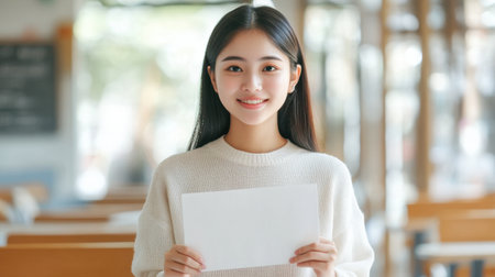 Young Asian woman smiling and holding a blank sheet of paper, surrounded by a softly blurred classroom settingの素材