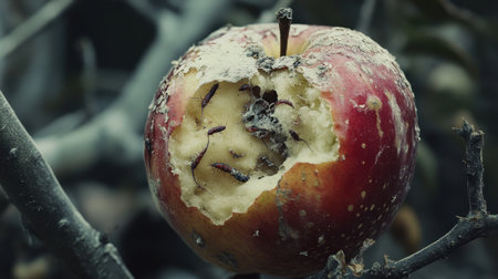 Close-up of a spoiled apple, visibly infested with worms and mold, symbolizing decay and imperfection.の素材
