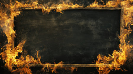 Flames lick the sides of a blackboard, leaving ample space in the center for text, creating a dramatic burning effect.の素材