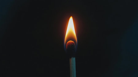 Burning match on a black background, its vibrant orange glow representing warmth, ignition, and potential energy.の素材