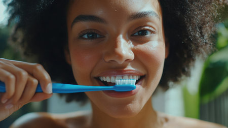 Close-up of a woman brushing her teeth with a vibrant blue toothbrush, highlighting the importance of oral hygiene.の素材