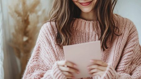 Close-up of a woman holding a card, her face lighting up with joy as she reads it, wearing a soft pink sweater.の素材