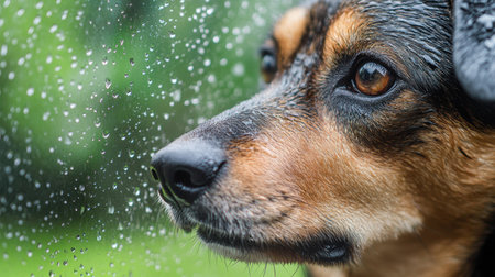 Close-up of a dog thoughtful expression framed by rain-speckled glass, with green foliage visible outsideの素材
