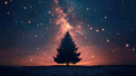 Starry sky with a glowing Christmas tree silhouette in the foreground, creating a magical and festive atmosphere.の素材
