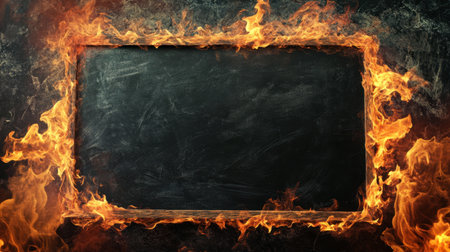 Flames lick the sides of a blackboard, leaving ample space in the center for text, creating a dramatic burning effect.の素材