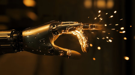 Sparks fly as a human fingertip meets a robotic metallic finger, representing a futuristic harmony between man and machine.の素材