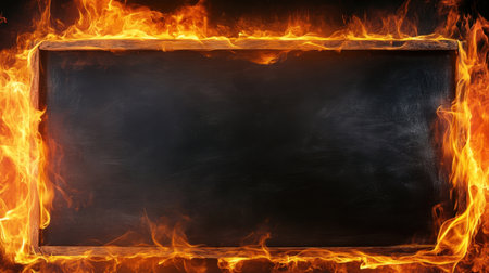 Flames lick the sides of a blackboard, leaving ample space in the center for text, creating a dramatic burning effect.の素材