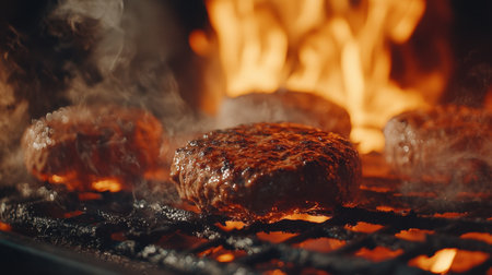 Juicy beef patties sizzle on a charcoal grill, with smoky flames licking the edges, perfect for a BBQ scene.の素材