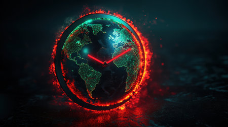 Earth-shaped clock with continents glowing red, highlighting the urgent issue of global warming and its time-sensitive nature.の素材