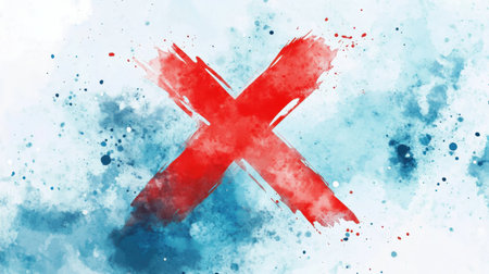 Dynamic red X over a soft gradient of blue and white watercolor splatters, perfect for conveying rejection or decision-making.の素材