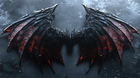 Large demonic wings, their edges sharp and menacing, detailed in deep black with subtle red accents.の素材