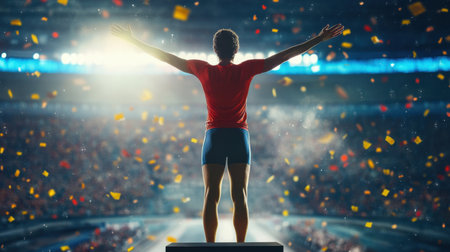 Gold medalist stands on a podium, celebrating their win amidst the cheers of an indoor stadium crowd.の素材