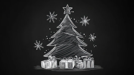 Minimalistic Christmas tree sketch with gifts at the base, drawn in white lines over a black background for festive designs.の素材
