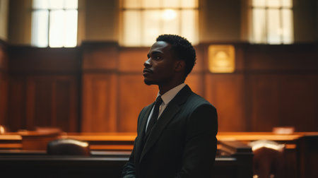 In a quiet courtroom, a Black man stands confidently before the judge's bench, embodying dignity and the pursuit of justice.の素材