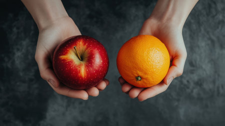 Hands holding a bright red apple in one palm and an orange fruit in the other, contrasting against a dark grey background.の素材