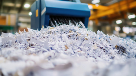 Pile of shredded paper overflowing from an office shredder, emphasizing data protection and privacy concerns.の素材
