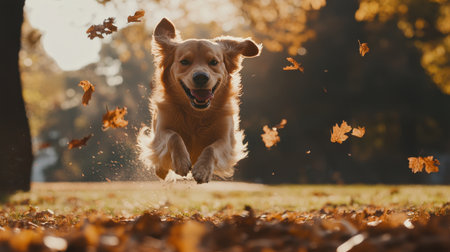 Energetic golden retriever leaps joyfully among autumn leaves in a sunlit park, showcasing pure happiness.の素材