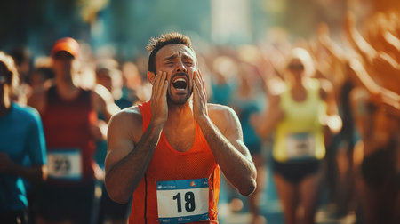 Marathon runner crying at the finish line, their emotions ranging from joy to exhaustion as the crowd cheers.の素材