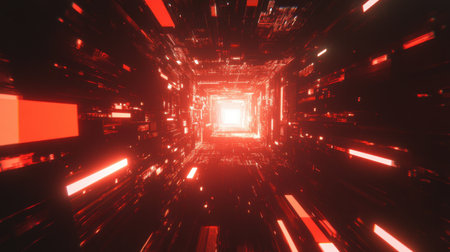 Immerse yourself in this abstract tunnel filled with vibrant red lights, creating a sense of depth and motion in a stunning digital landscape that evokes a futuristic atmosphere.の素材
