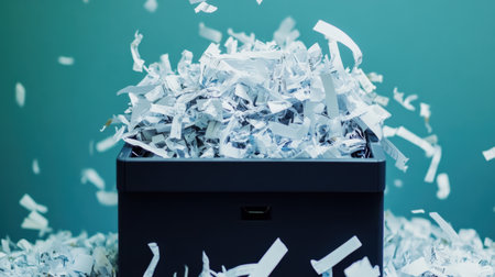 Office shredder overflowing with shredded paper, symbolizing the importance of data destruction and privacy.の素材