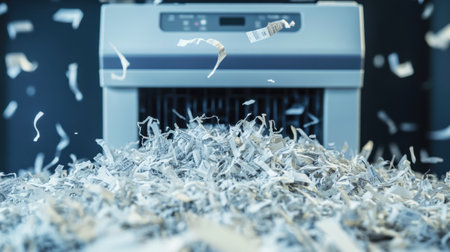 Office shredder overflowing with shredded paper, symbolizing the importance of data destruction and privacy.の素材