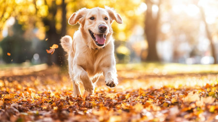 Joyful golden retriever running through an autumn park, surrounded by colorful fallen leaves and soft sunlight.の素材