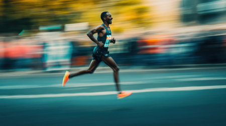 Marathon runner bursts across the finish line, tears of joy streaming, overwhelmed by victory and determination.の素材