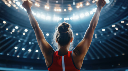 Gold medalist raises their hands in victory in an indoor stadium, celebrating success with energy and pride.の素材