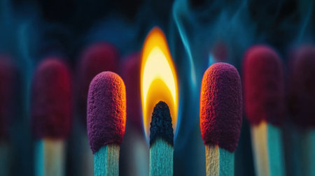 Matchstick ablaze, its flickering flame standing out vividly against the dark, symbolizing ideas coming to life.の素材