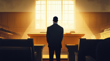 In a quiet courtroom, a Black man stands confidently before the judge's bench, embodying dignity and the pursuit of justice.の素材