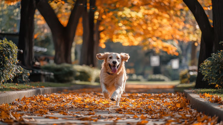 Playful golden retriever dashes across a park carpeted with orange and yellow leaves, embodying joy and freedom.の素材