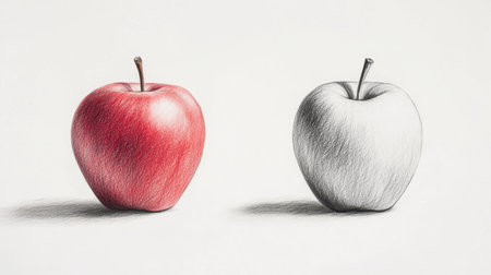 Pencil-drawn apple evolves into a bright, real red apple, with soft lighting accentuating its creative transformation.の素材