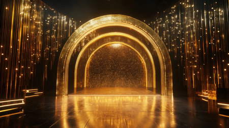 Stunning black and gold stage with a golden arc centerpiece, surrounded by a glowing atmosphere of celebration.の素材