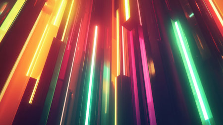 Glowing neon light strips in dynamic vertical alignment against a shadowy background, symbolizing modern technology.の素材
