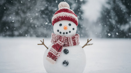 A delightful snowman stands cheerfully amidst gentle snowfall, showcasing its playful design with a warm hat and scarf, embodying the essence of winter joy and creativity.の素材