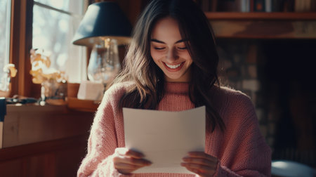 Smiling young woman in a cozy pink sweater reads a letter, her warm expression conveying happiness and good news.の素材